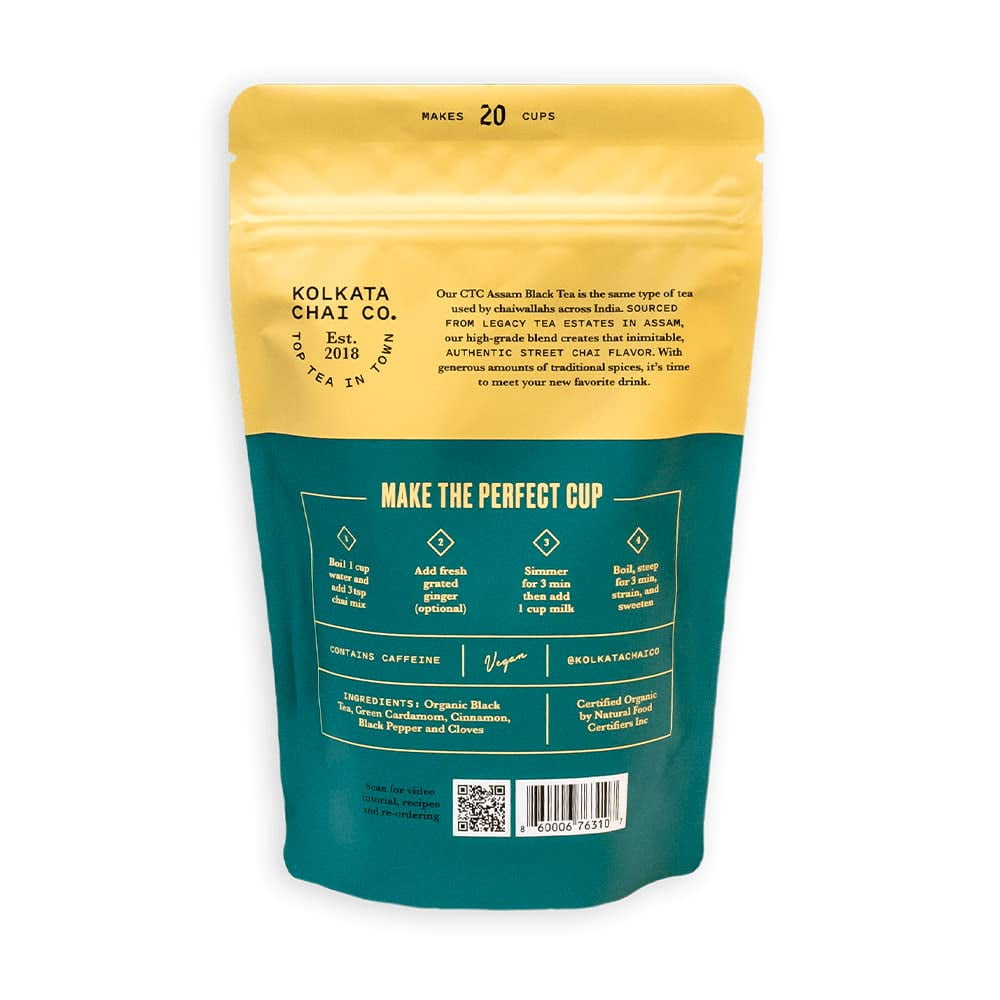 Kolkata Chai, Signature Masala Chai Mix, 100% Organic Black Tea, Makes 20 cups, Premium Loose Leaf Tea and Spice Blend, All Natural, 4.23 oz