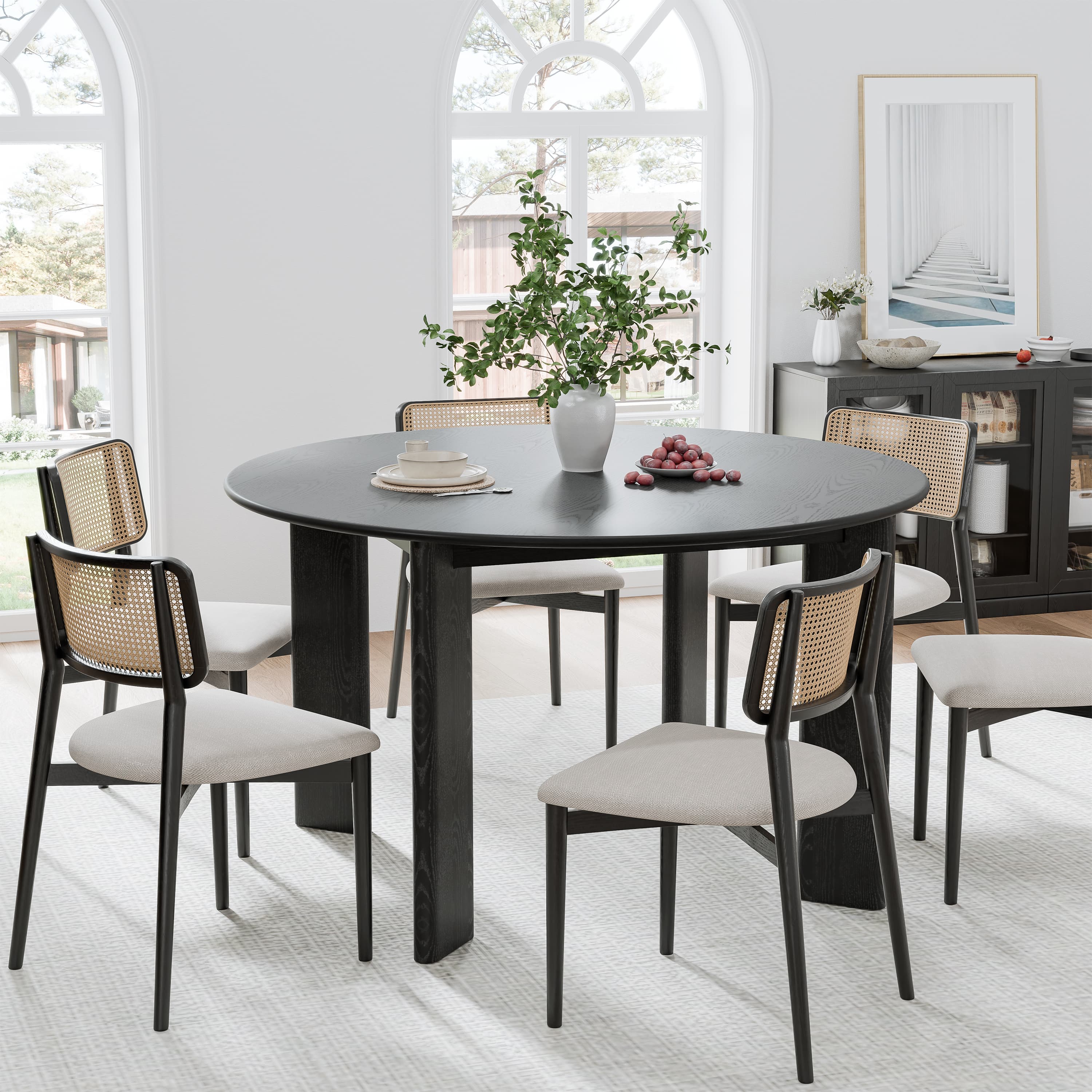 MAYEERTY Modern Black Round Dining Table with Inclined Legs - Sleek Contemporary Kitchen Centerpiece