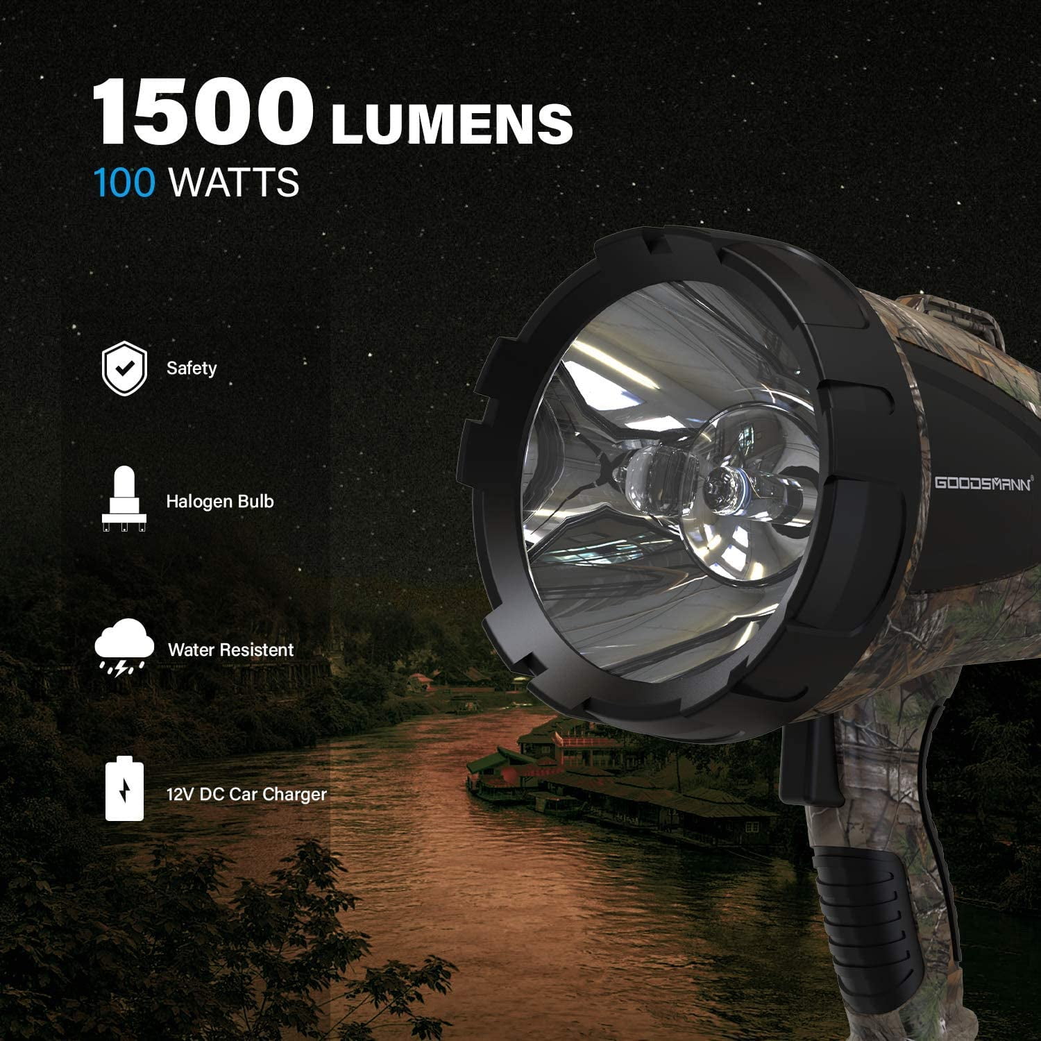 Goodsmann 1500 Lumen Halogen Floodlight Spotlight with With 12V DC Plug for Work and Outdoor