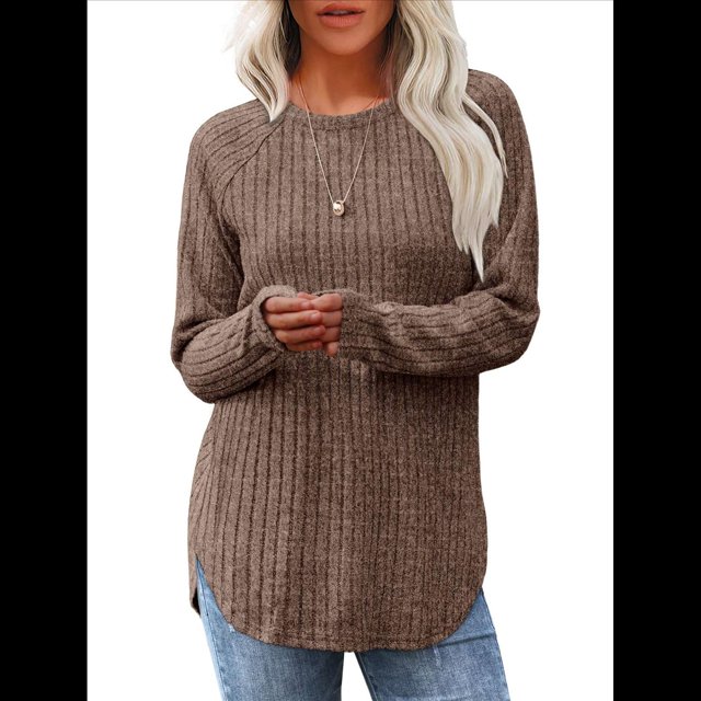 Camisas de Larga para Mujer, Blusas Tipo Túnica para Mujer, Suéteres Básicos Holgados y Elegantes con Cuello Redondo para Mujer. Caqui M