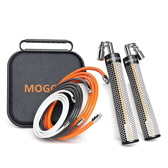 MOGOLD 300 cm Weighted Interchangeable Weights Adjustable Length Ergonomic Leather Grip 361 Degree Spin Jump Rope