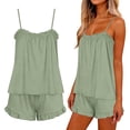thumbnail image 7 of Women's Solid Satin Bridal Two Piece Pajama Sets, Ruffle Spaghetti Strap Tank Top & Elastic Waist Shorts, Romantic Glossy Fabric Ideal For Wedding Spa Daily | TruHer,Army Green L, 7 of 7