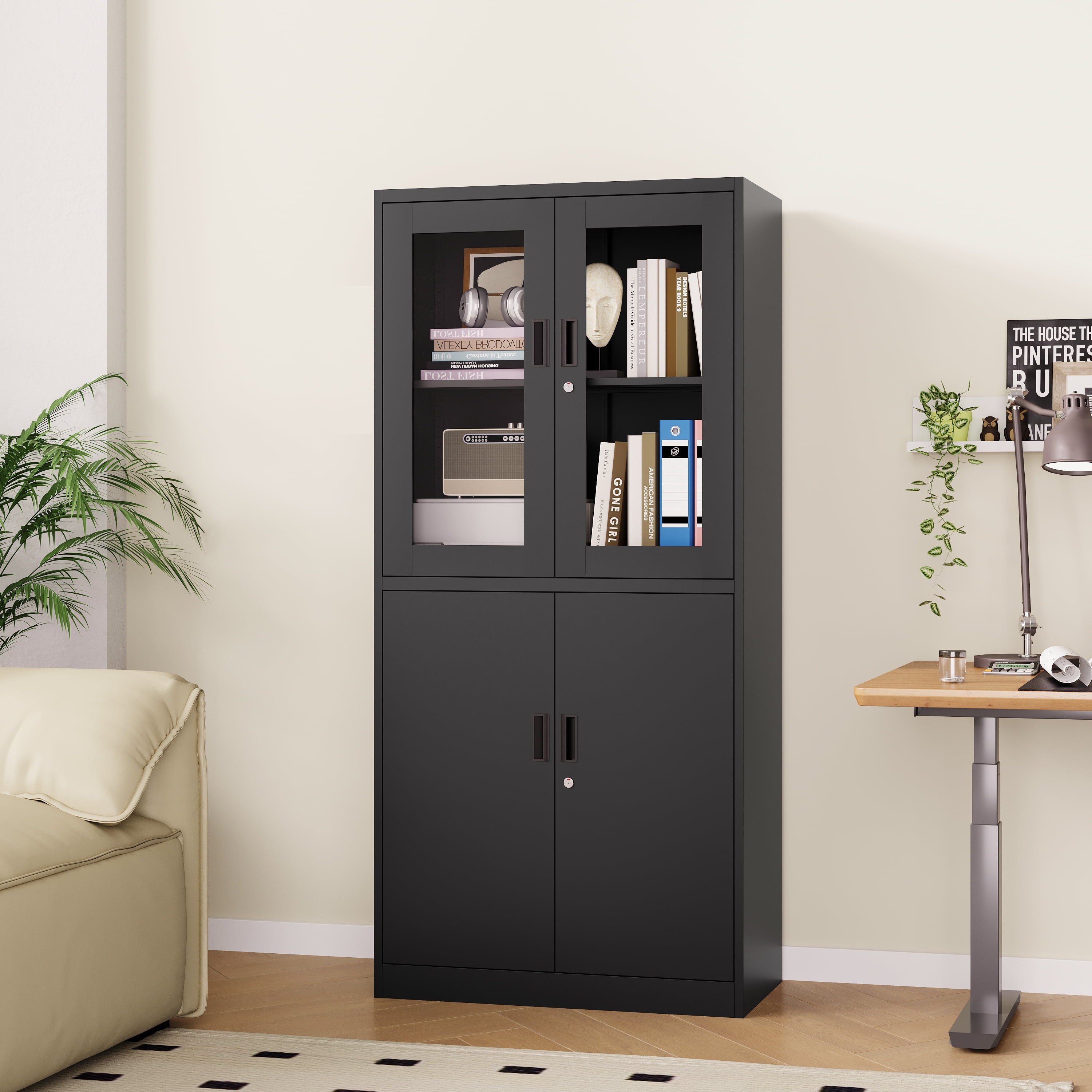 STANI Heavy Duty Metal Cabinet with Lock, Tall Office Storage Cabinet with Glass Door, Lockable Black Steel Cabinet with 2 Adjustable Shelves for Home, Clinic, Pantry, Basement