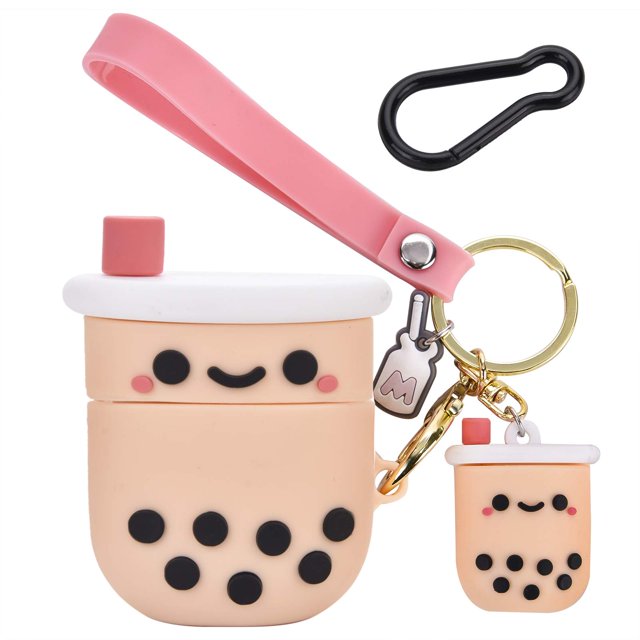 Linda funda con llavero, diseño de té de leche rosa femenino, compatible con estuche de carga 2 y 1 para mujeres y niñas