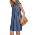 thumbnail image 4 of Denim Dress for Women V Neck Cap Sleeve Loose Above the Knee Casual Tunic Jean Dress Blue XS, 4 of 6