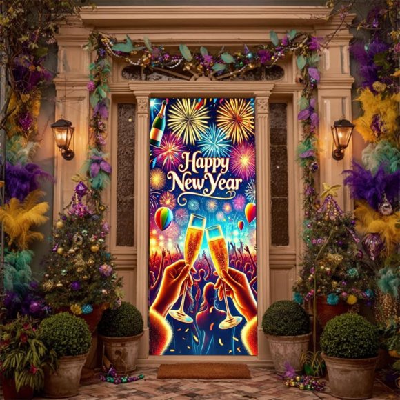 Pancarta para fiesta de Nochevieja | Cortina de tela para colgar en la puerta | Tapiz de poliéster de 70,8 x 35,4 pulgadas para decoración de fiestas navideñas y ambiente festivo.
