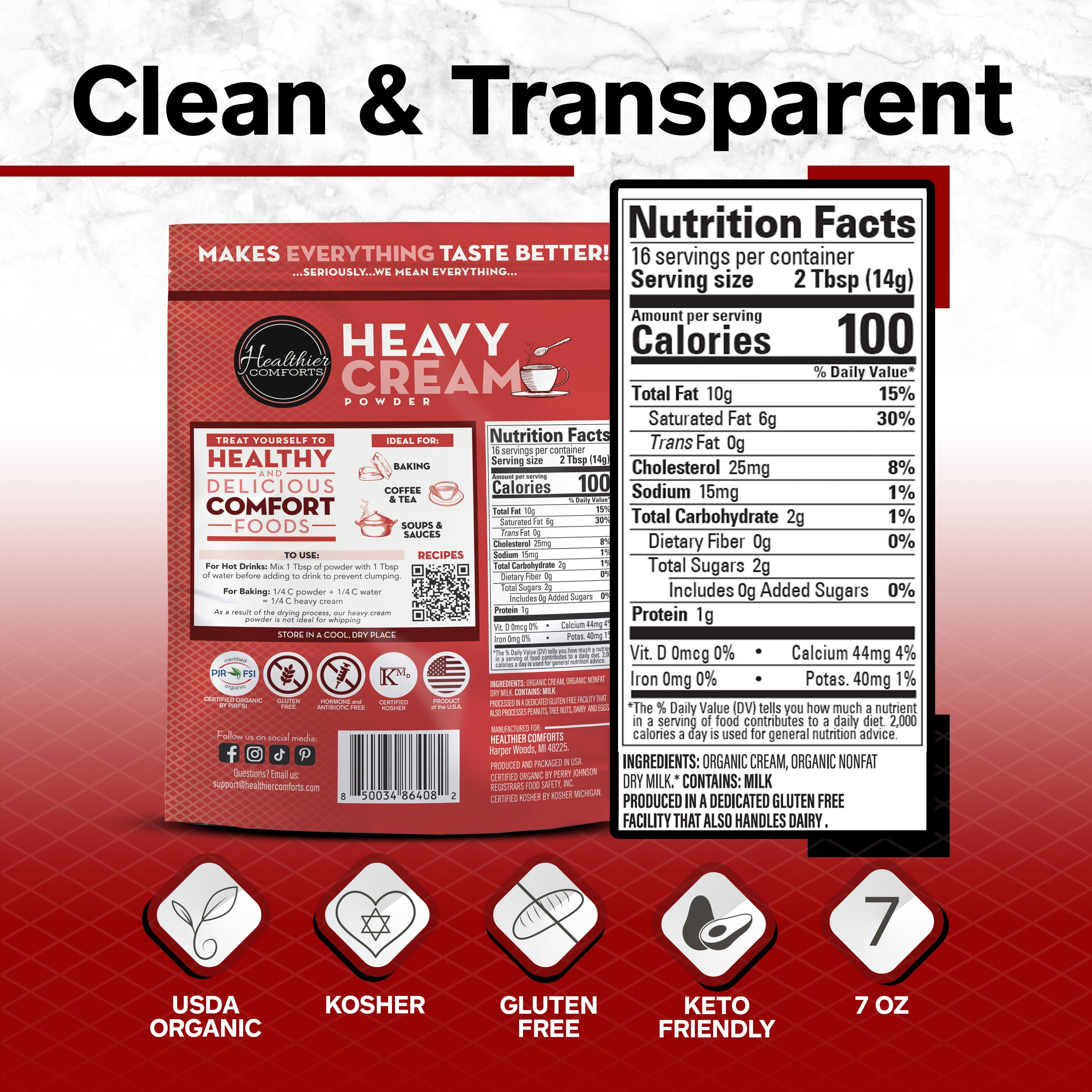 Healthier Comforts Organic Heavy Cream Powder 7oz | Kosher, Gluten Free, Non-GMO, and Keto Friendly | Long Lasting, Easy Sauces, Baking | Made in the USA