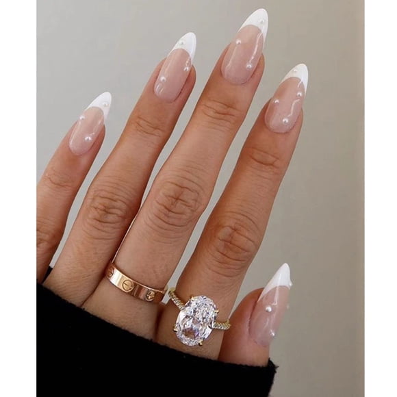 Jinsinto Almond Fake Nails Cute White Press on Nails Tips French Short False Nails Pearl Full Cover Stick on Nails for Women and Girls 24Pcs