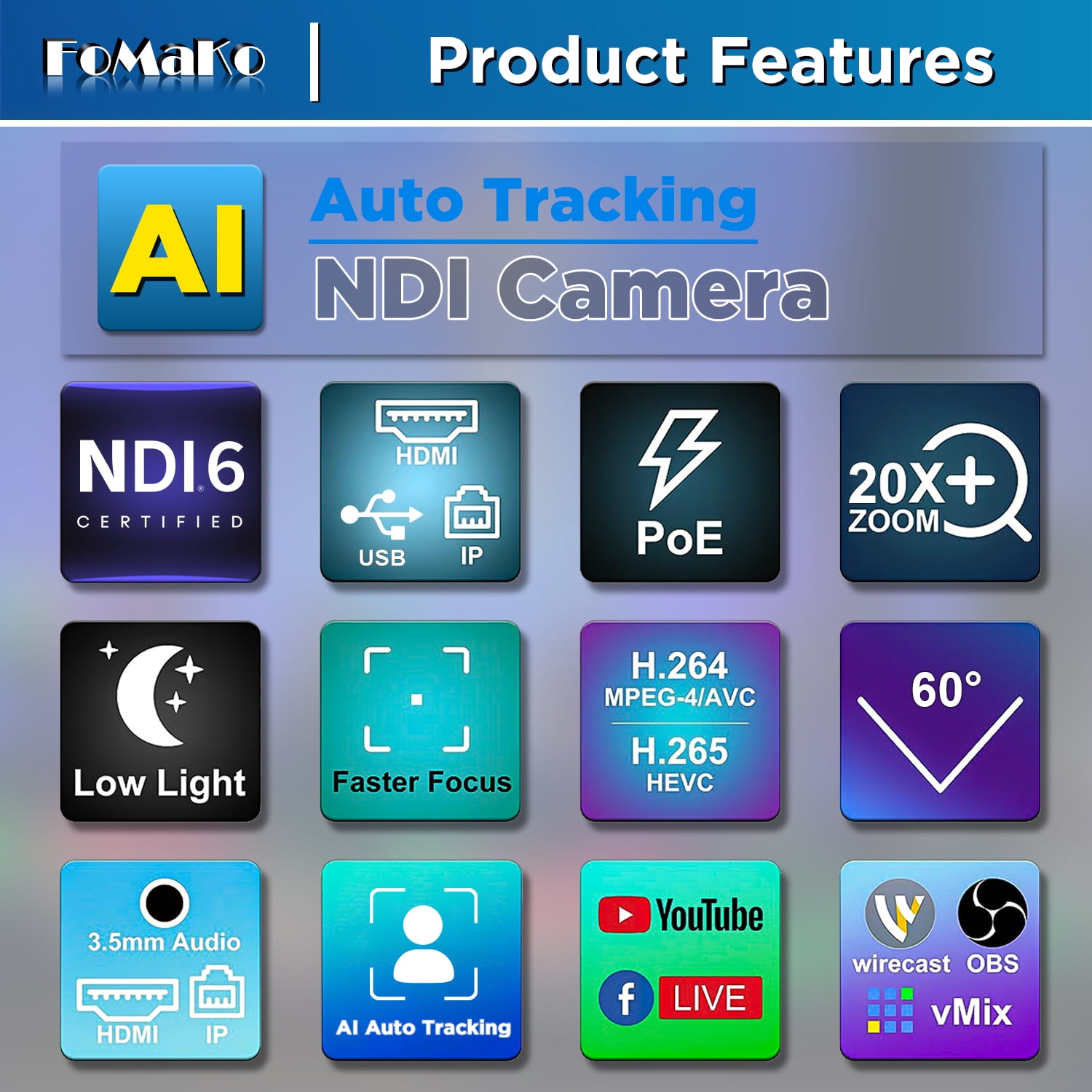 FoMaKo NDI Video Web Cam AI Auto Tracking HDMI PTZ Camera 20x Optical Zoom IP USB3.0 HDMI PTZ Camera for Church Services Worship Education, PoE 1080P60 FMK20UH NDI