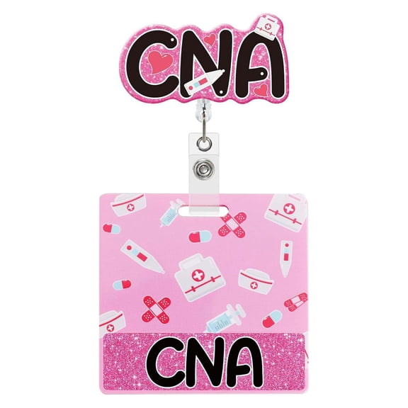 Retractable Pink Glitter Badge Buddy – CNA Badge Reel with Companion, Nurse Gift