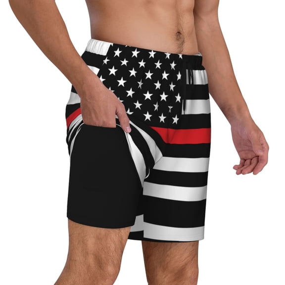 Mens Thin Blue Line Flag 2 in 1 Quick Dry Swim Trunks with Compression Liner Beach Shorts