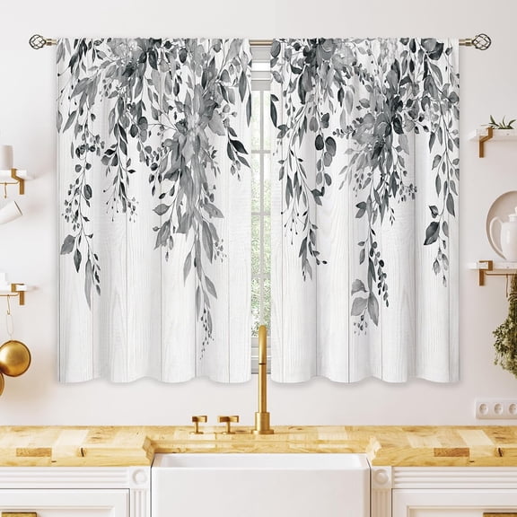 Farmhouse Grey Eucalyptus Small Kitchen Curtains Leaves Window Treatment Black White Wooden Cafe Short Curtains for Bathroom Dining Laundry Room Botanical Tier Treatment Drapes 26x36 inch