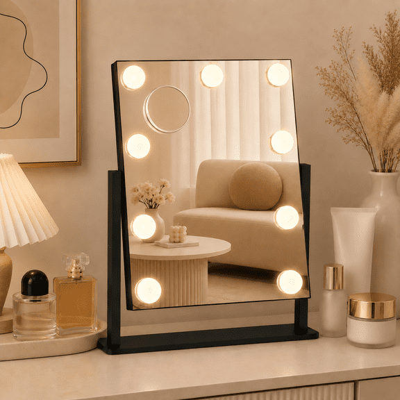 Efoee Vanity Mirror with Lights,Black Hollywood Lighted Vanity Makeup Mirror, 9 Dimmable Bulbs,10x Magnification,360°Rotation