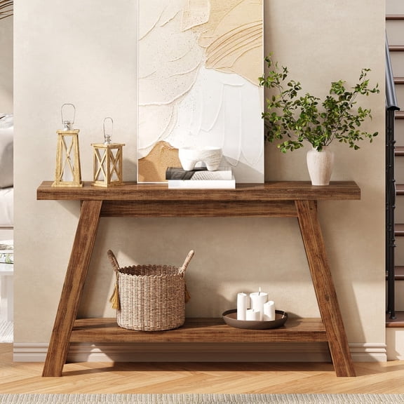 54" Farmhouse 2-Tier Console Table ,Wooden Entryway Sofa Table, Brown