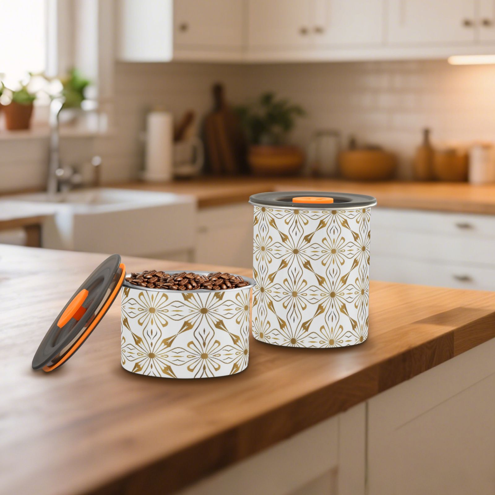 Geometric Flower Gold Airtight Coffee Bean Canister 30oz Food Storage Containers with Lids For Gournd, Tea, Sugar, Flour, Rice, Cereal, Candy Cookie Jar