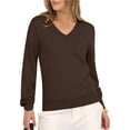 thumbnail image 3 of Suéter de Larga con Cuello en V para Mujer, Estilo Casual Clásico de Otoño, Suave y Holgado, Básico, Tipo Jersey Café Oscuro M, 3 of 10