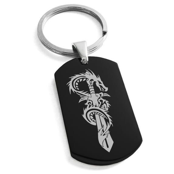 Stainless Steel Exalted Dragon Blade Engraved Dog Tag Keychain Keyring