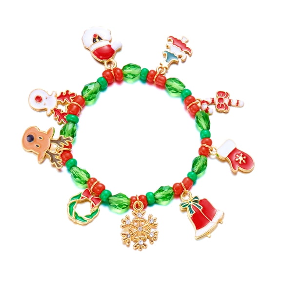 NICKSUN Christmas Crystal Beaded Stretch Charm Bracelets for Women, Enamel Santa Reindeer Snowflake Candy Cane Glove Bell Stackable Bracelet, Festive Xmas Holiday Party Jewelry Gift
