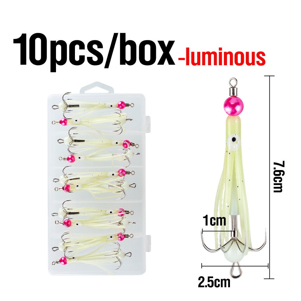Luminous Squid Hooks 10pcs Box Glow in Dark Fishing Lures for Sea Boat Saltwater