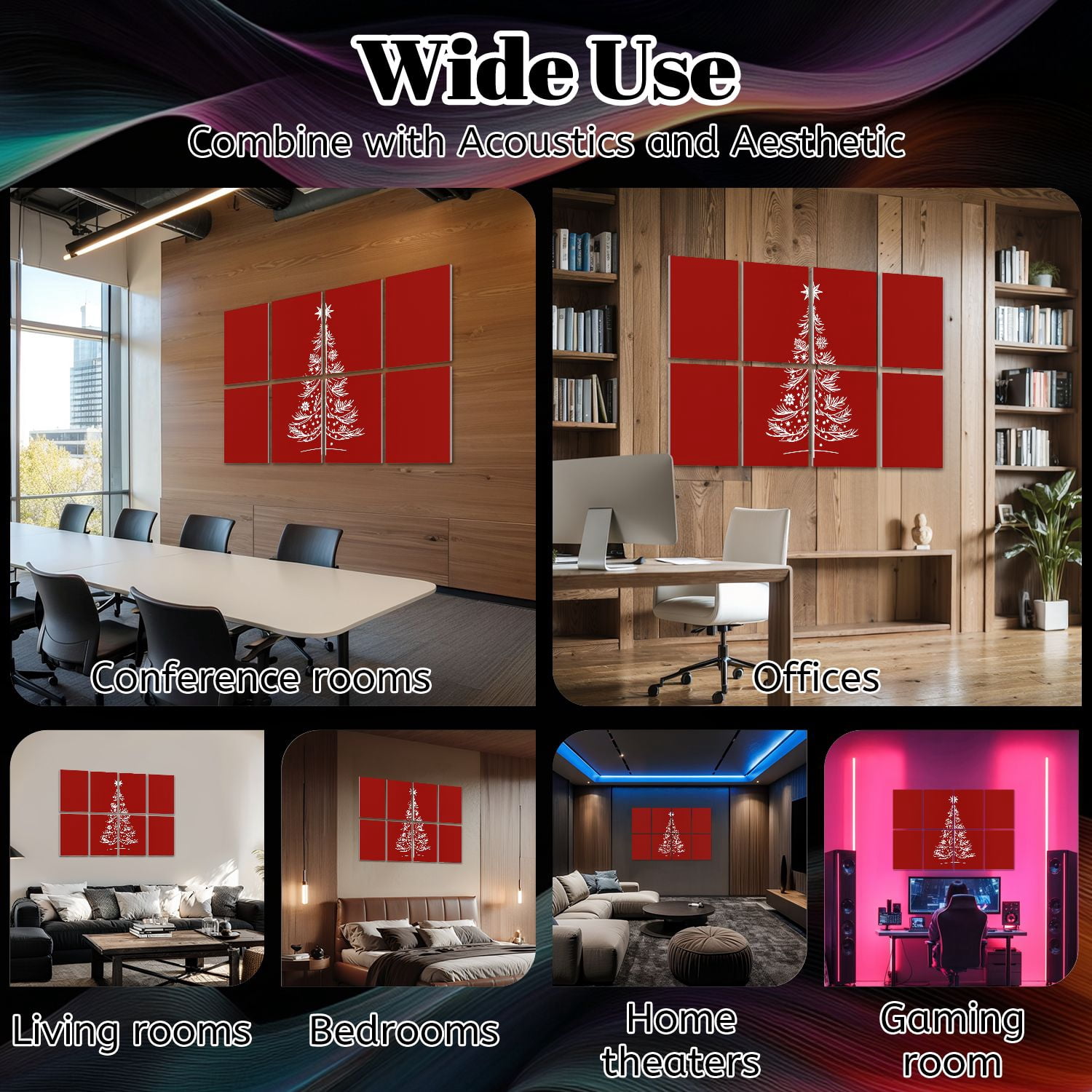8 Pack Art Acoustic Panels Sound Absorbing White Christmas Tree Decorative Soundproof Wall Panels Self Adhesive for Nursery Game Room Bedroom 48"x32"