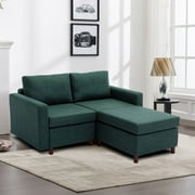 Elegant 2-Seat Green Linen Sectional Sofa Couch with 1 Ottoman for Living Room | Soft Foam Filler, Modern Style, Durable Rubberwood Frame, Ideal for Cozy Spaces