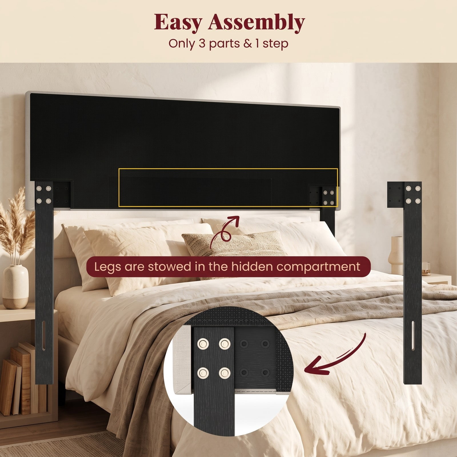 Furnibear Upholstered Headboard for Full and Queen Beds, Quilted Grid Linen Bed Frame Headboard with Adjustable Legs, Fits Queen Bed Frame, Beige