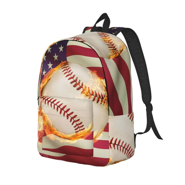Lukts Baseball Ball With Flag for Sustainable Casual Backpack, Water-Resistant Polyester Canvas Daypack with Laptop Sleeve, Smooth Zipper, Lightweight & Durable Travel Bag-Small