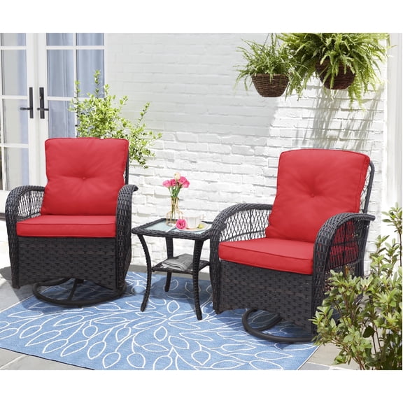ATR ART TO REAL Outdoor Rocking Rattan Furniture Set with Wicker Rocker Chairs and Side Table, Red