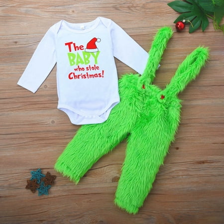 

Tejiojio Kids Clothing Holiday Gift Baby Christmas Bodysuit With Romper Overalls Set Crew Neck Furry Suspender Pants Clothes Set