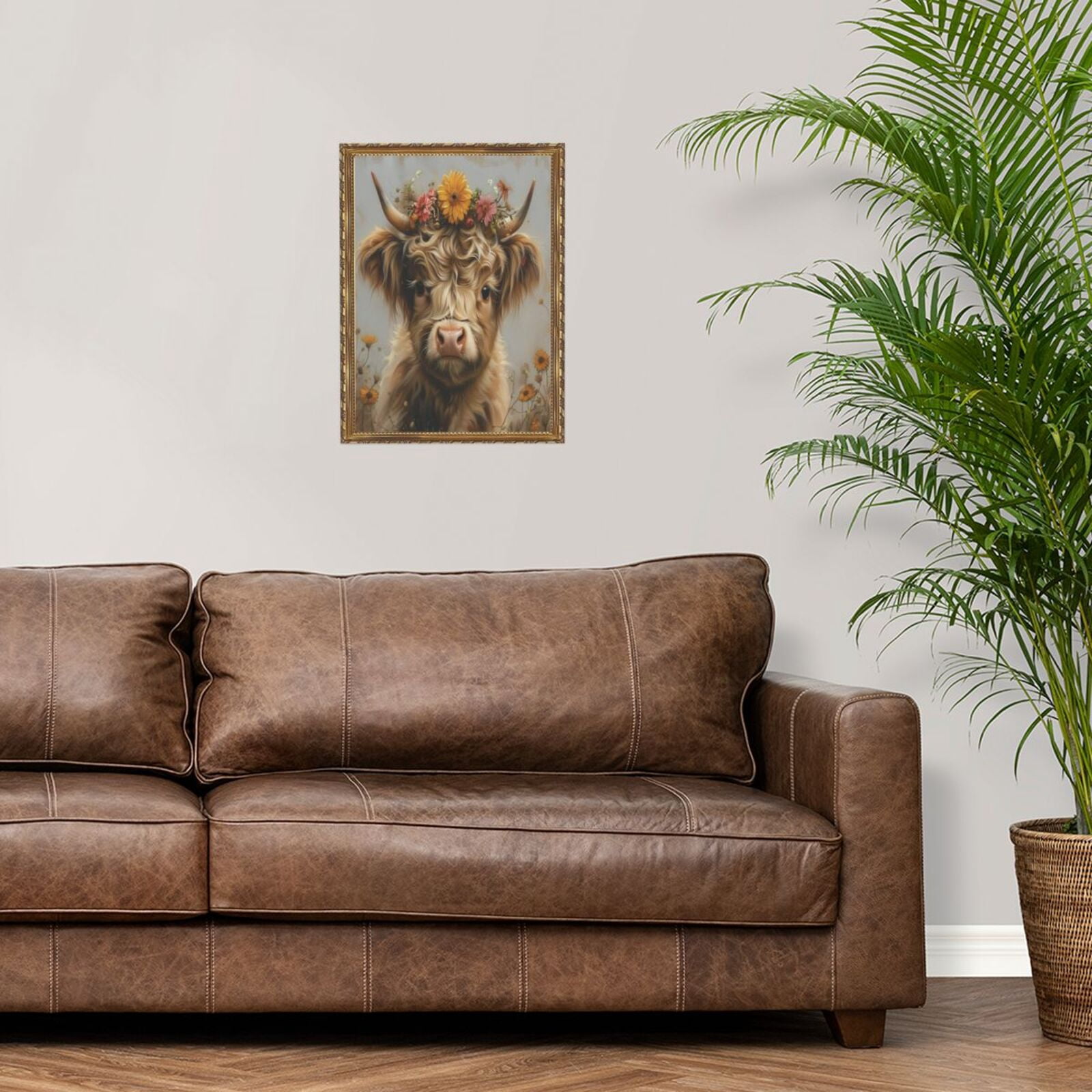 Aarocafa Gold Plastic Frame Floral Highland Cow Wall Art-Luxe Canvas Print 12x12"|Shimmering & Scratch-Resistant Artwork|Glam Rustic Decor for Living Room,Home Office|Ready-to-Hang Wall Picture