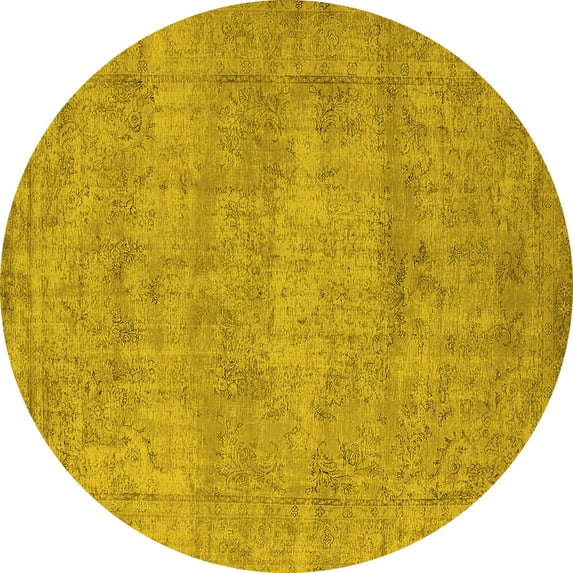 Ahgly Company Machine Washable Indoor Round Oriental Yellow Industrial Area Rugs, 4' Round