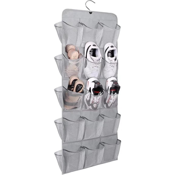 Mesh Hanging Shoe Organizer with 30 Pockets, Double-Sided Rotating Hanger for Closet Rod, Gray