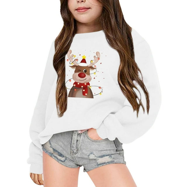 SNPOSN Chandail pour Enfants chandail pour Enfants Filles Chandail à Capuche d'Hiver Manches Longues Col Rond Imprimé de Noël Chandail Confortable et Chaud pour Enfants Blanc 6-7 Ans