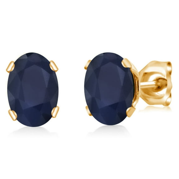 Gem Stone King Blue Sapphire Yellow Gold Plated Stud Earrings for Women Men (2.00 Cttw, Gemstone September Birthstone, Oval 7X5MM)