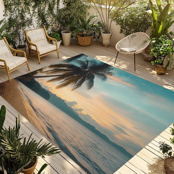 Fsddascl Tropical Palm Outdoor Rug for Patio/Deck/Porch, Non-Slip Large Area Rug 4 x 6 Ft, Coastal Sunset Tree Branch Ocean Indoor Outdoor Rugs Washable Area Rugs, Reversible Camping Rug Carpet