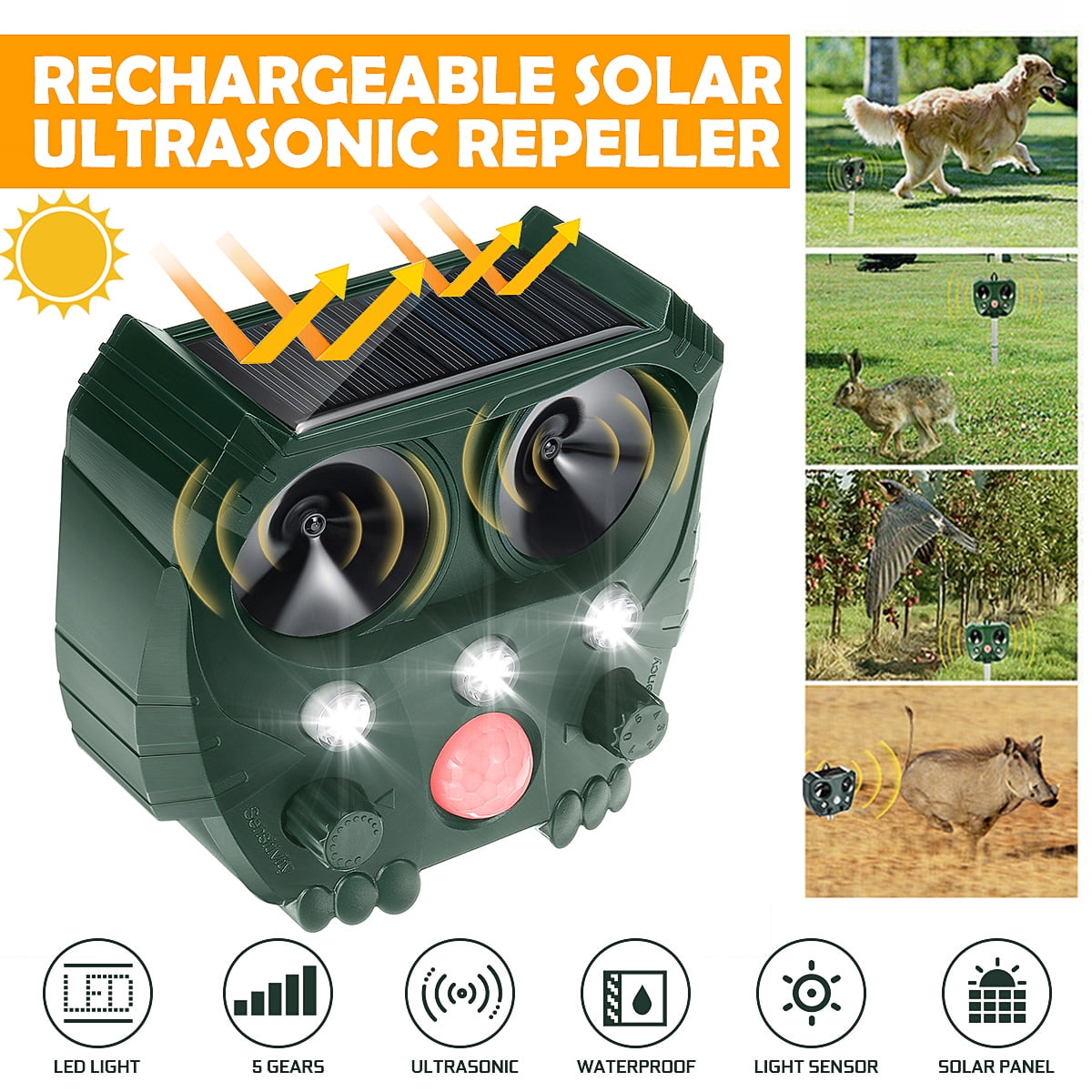 Solar Ultrasonic Pest Repeller, Garden Patio Solar Battery Powered