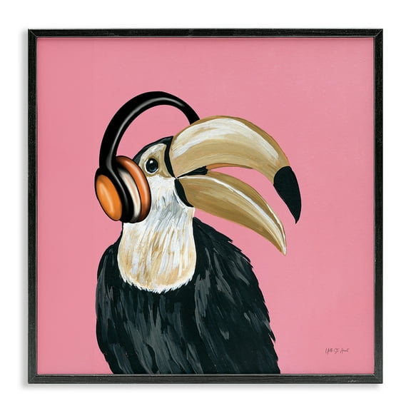 Stupell Industries Toucan with Headphones Entertainment Painting Black Framed Art Print Wall Art, 12 x 12