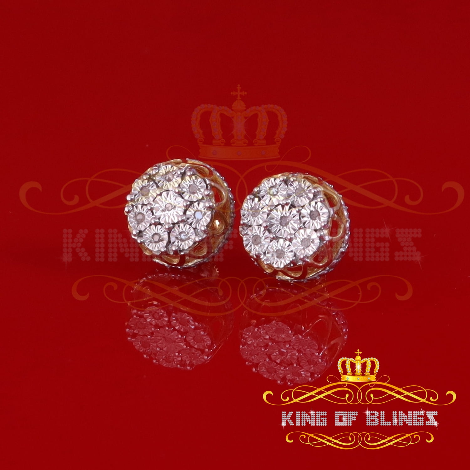 King of Bling's 0.10ct Diamond 925 Sterling Yellow Silver For Men's & Womens Stud Round Earrings