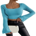 thumbnail image 2 of Women Solid Color Ribbed Square Neck Lettuce Hem Show Navel T-Shirts Spring Autumn Flare Long Sleeve Slim Crop Tops Black M, 2 of 6