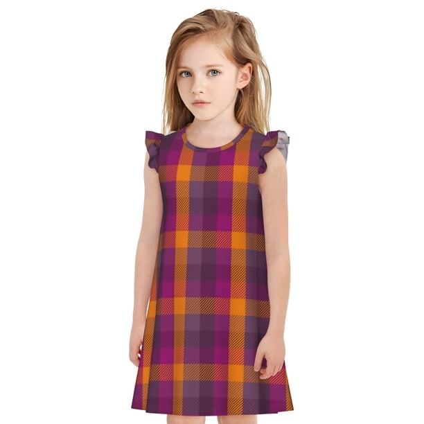 Fotbe Purple Yellow Buffalo Plaid Vestido de Dormir para Niñas de 3 a 10 Años, Mangas Cortas, Estilo Princesa, Pijama Camisón con Mangas Voladas-XX-Large