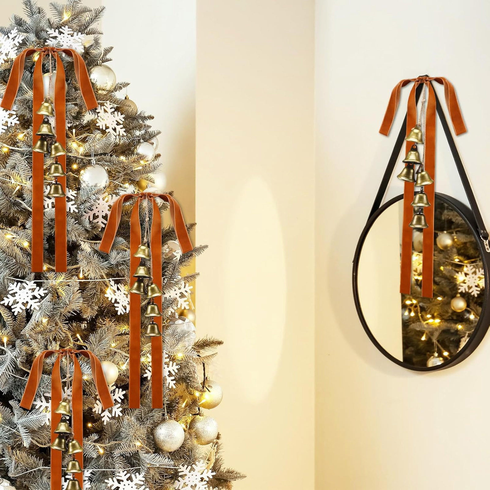 Opvise Velvet Christmas Swag Bow with Bells Rustic Large Staircase Wreath Bows Vintage Xmas Tree Topper Bow for Tree Wall Door Decor