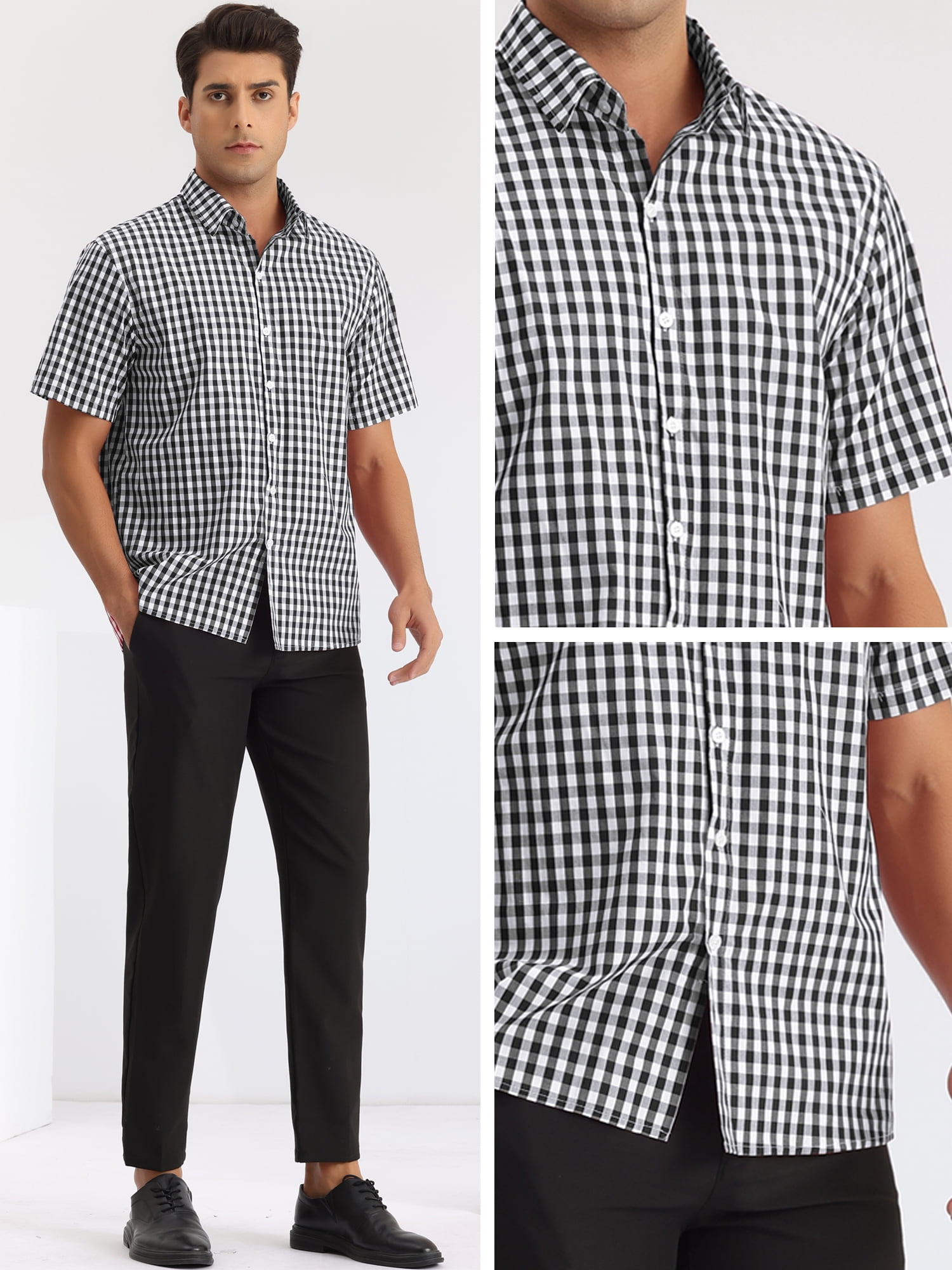 DARING DIVA Men's Checked Short Sleeves Button Plaid Tartan Dress Shirt L Black