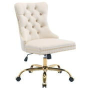 PAPROOS Vanity Chair, Swivel Home Office Chair, Ergonomic Home Desk Chair with Golden Metal Base, Adjustable Height, Velvet Upholstered Tufted Button Task Chair, Beige