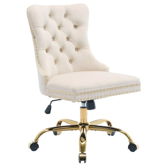 PAPROOS Vanity Chair, Swivel Home Office Chair, Ergonomic Home Desk Chair with Golden Metal Base, Adjustable Height, Velvet Upholstered Tufted Button Task Chair, Beige