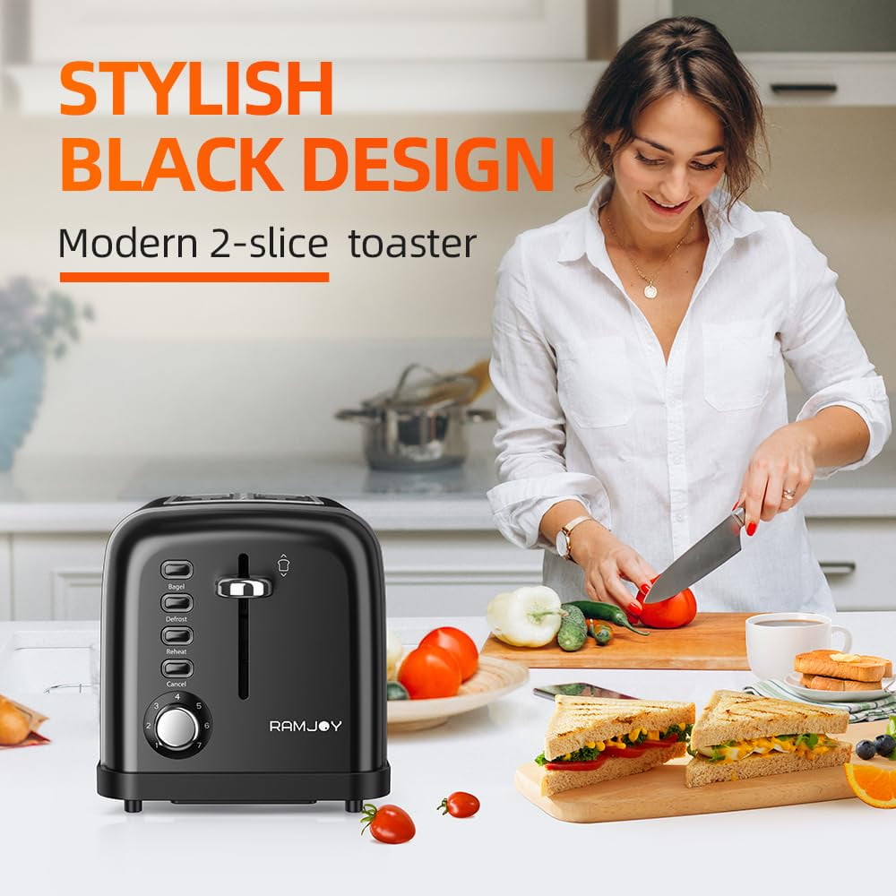 RAMJOY BLACK TOASTER 2 SLICE EXTRA WIDE SLOT TOASTER - BLACK