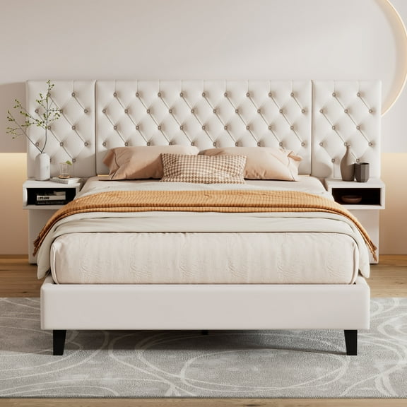 GDF Studio Velvet Upholstered Platform Queen Bed with Diamond Tufted Wingback Headboard and Built-In Bedside Cabinets, Beige