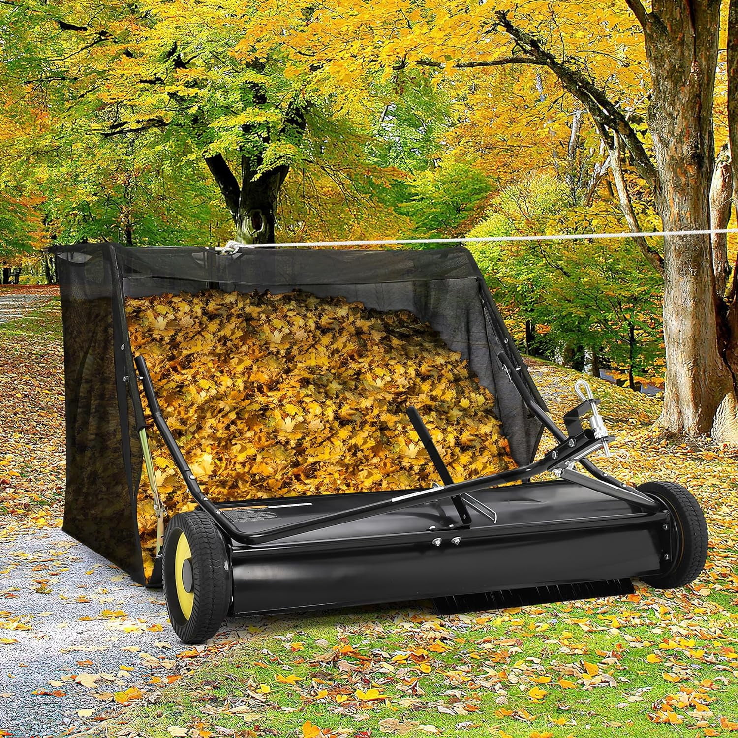 Rugerasy Tow Behind 48 Inch Lawn Sweeper,Large Capacity Heavy Duty Leaf & Grass Collector,Dumping Rope Design,Adjustable Sweeping Height for Picking Up Debris and Grass,Black