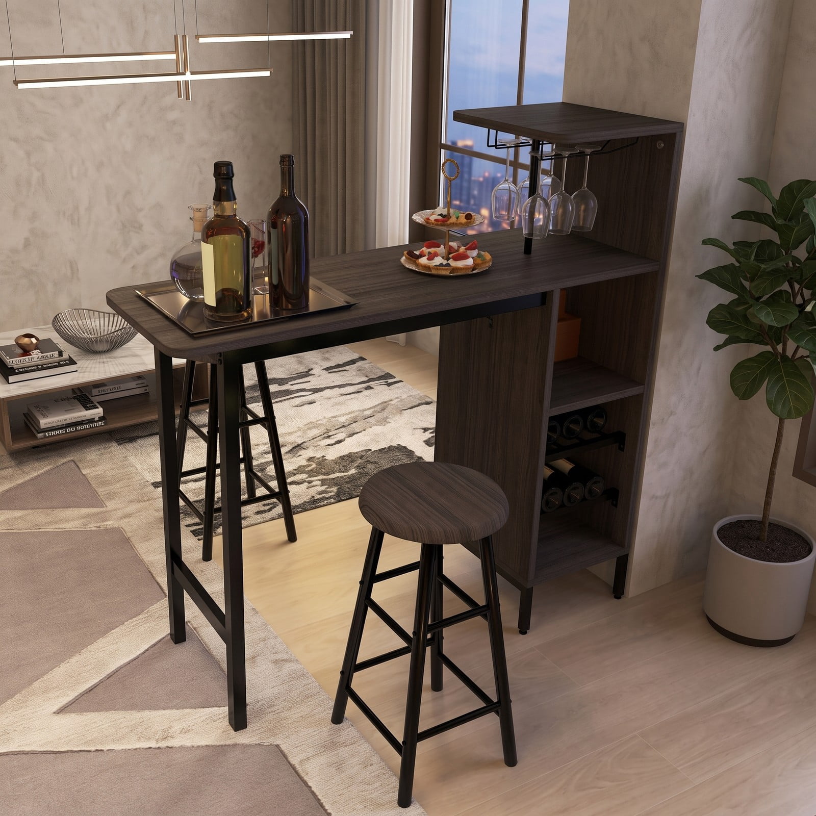 Furnibear 3 Piece Bar Table and Chairs Set with 6-Bottle Wine Rack, Counter Height Pub Dining Table Set with 2 Stools and Storage Shelves for Kitchen Breakfast, Brown