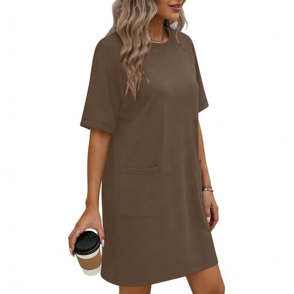 Wovilon Women's Dresses, Casual Summer T Shirt Dresses for Women, Crew Neck Short Sleeve Loose Fit Tunic Dress with Pockets, Lightweight Breathable Vacation Travel Everyday Wear