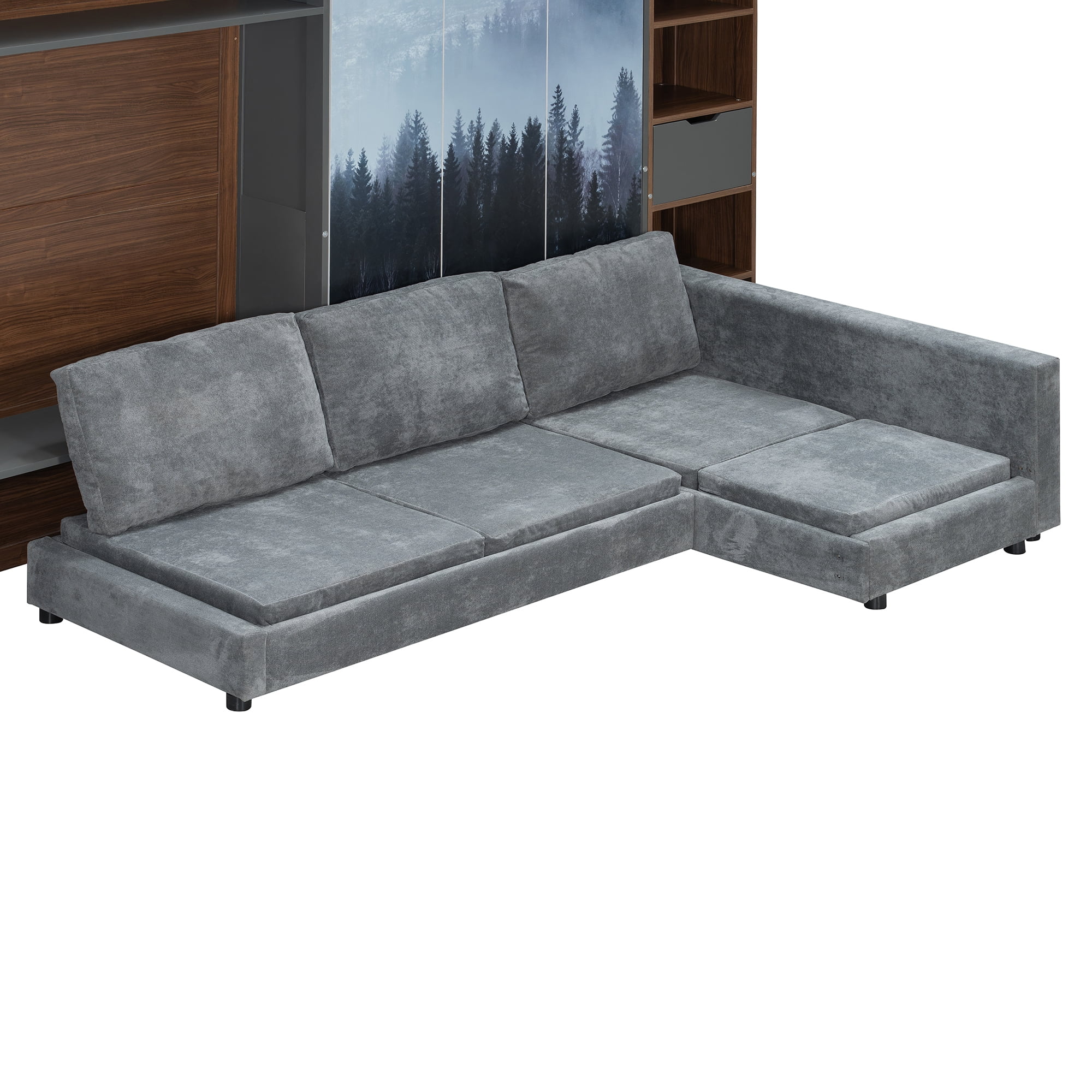 Twin Size Murphy Bed with SOpen Shelf, USB Port, L Shape Sofa, Space-Saving for Small Space, Guest Room